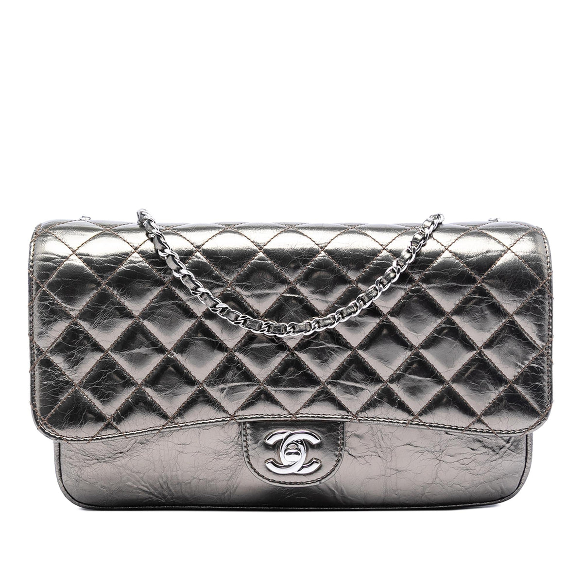 Chanel Medium Metallic Crackled Calfskin Clams Pocket Flap
