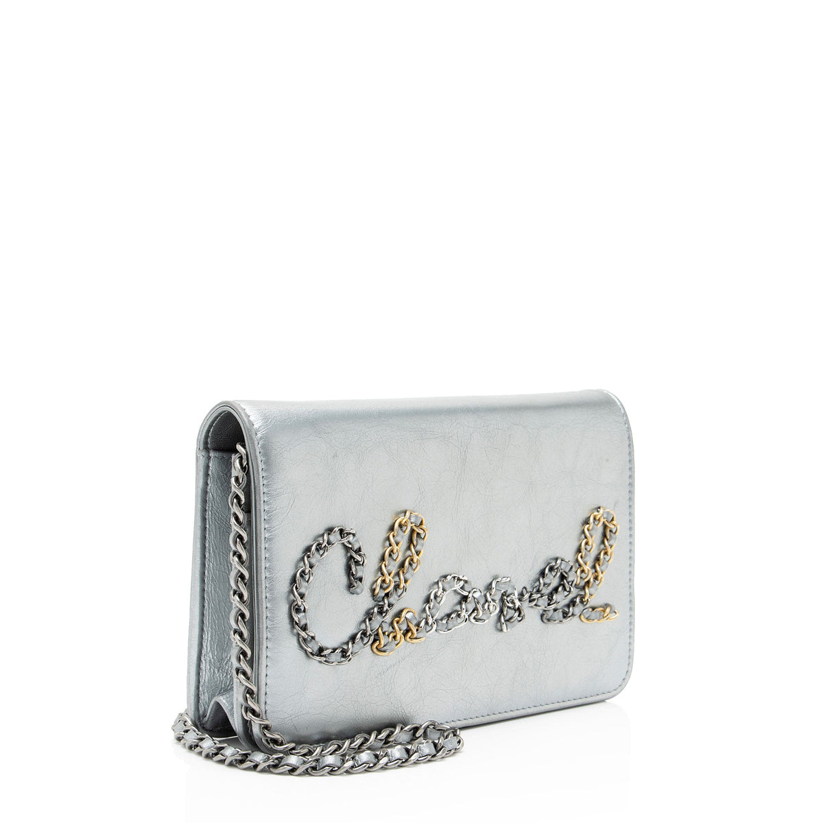 Chanel Metallic Lambskin Written In Chain Wallet on Chain