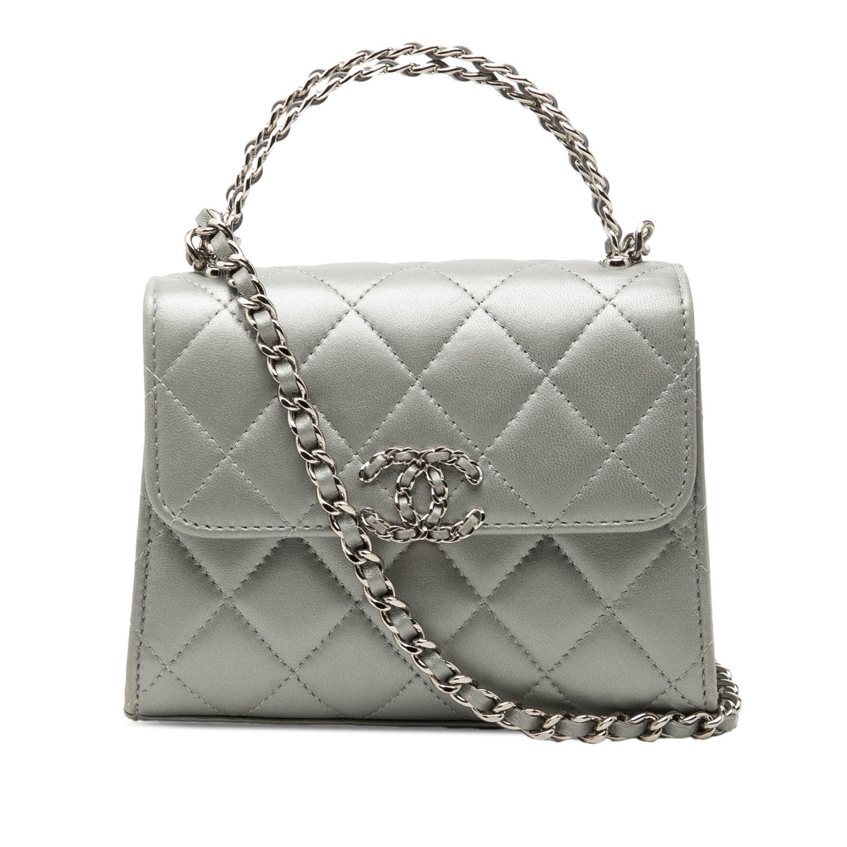 Chanel Mini CC Metallic Lambskin Top Handle Clutch With Chain