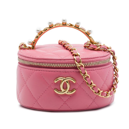 Chanel Mini CC Quilted Lambskin Pearl Top Handle Vanity Case with Chain
