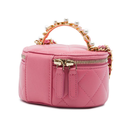 Chanel Mini CC Quilted Lambskin Pearl Top Handle Vanity Case with Chain