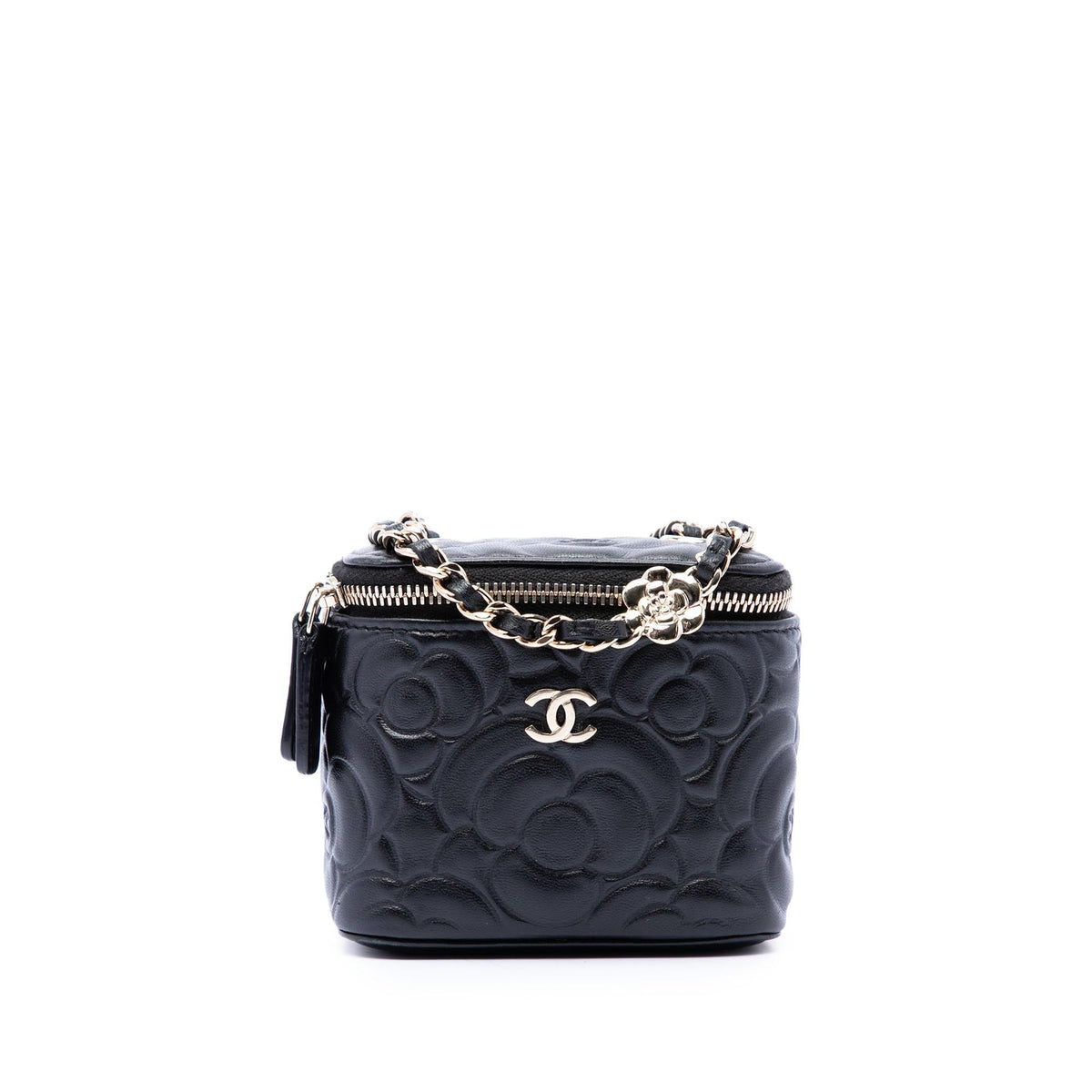 Chanel Mini Camellia Embossed Lambskin Vanity Case With Chain