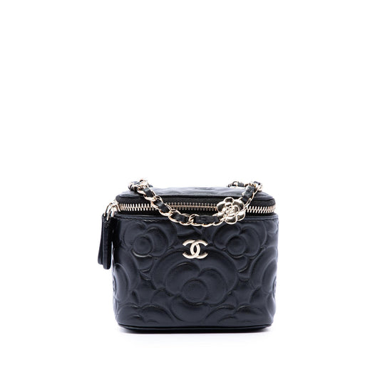 Chanel Mini Camellia Embossed Lambskin Vanity Case With Chain