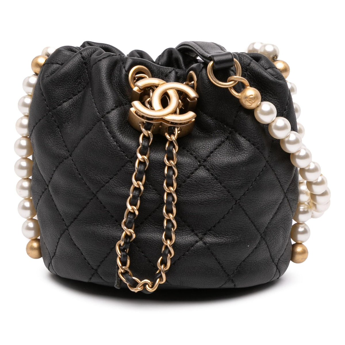 Chanel Mini Quilted Calfskin About Pearls Drawstring Bucket Bag