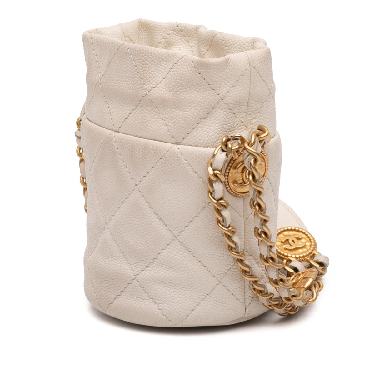 Chanel Mini Quilted Caviar Twist Your Buttons Drawstring Bucket Bag