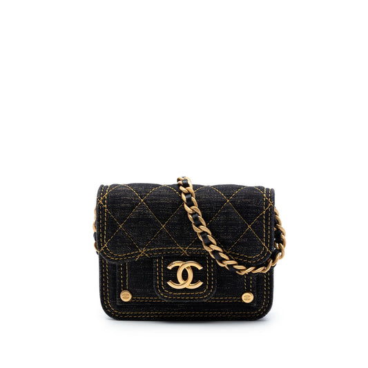Chanel Mini Quilted Denim Double You Card Holder with Chain