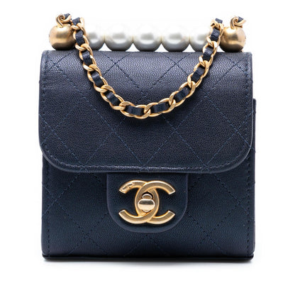 Chanel Mini Quilted Goatskin Vertical Chic Pearls Flap Clutch With Chain