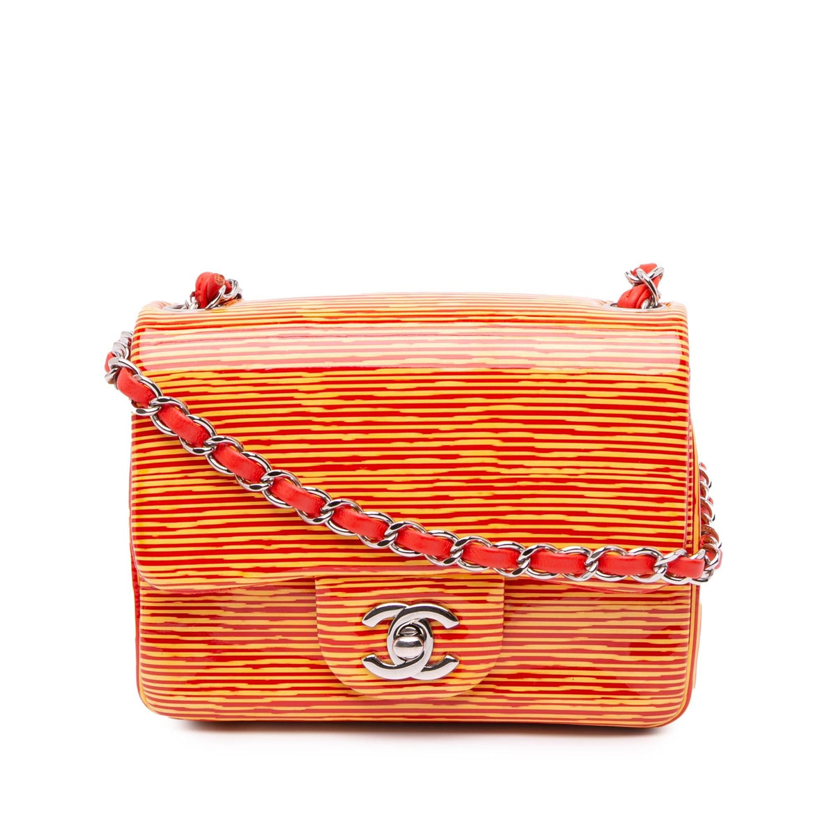 Chanel Mini Square Classic Patent Striped Single Flap