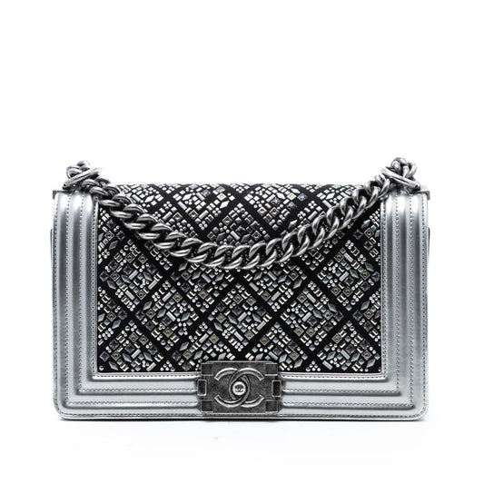 Chanel Old Medium Calfskin Crystal Embellished Boy Flap