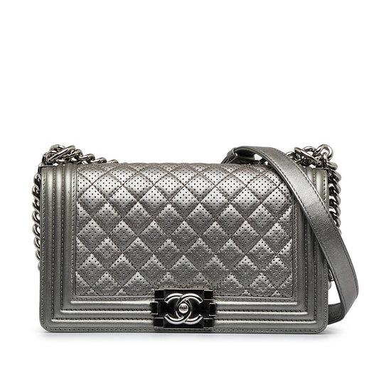 Chanel Old Medium Quilted Perforated Metallic Lambskin Boy Flap