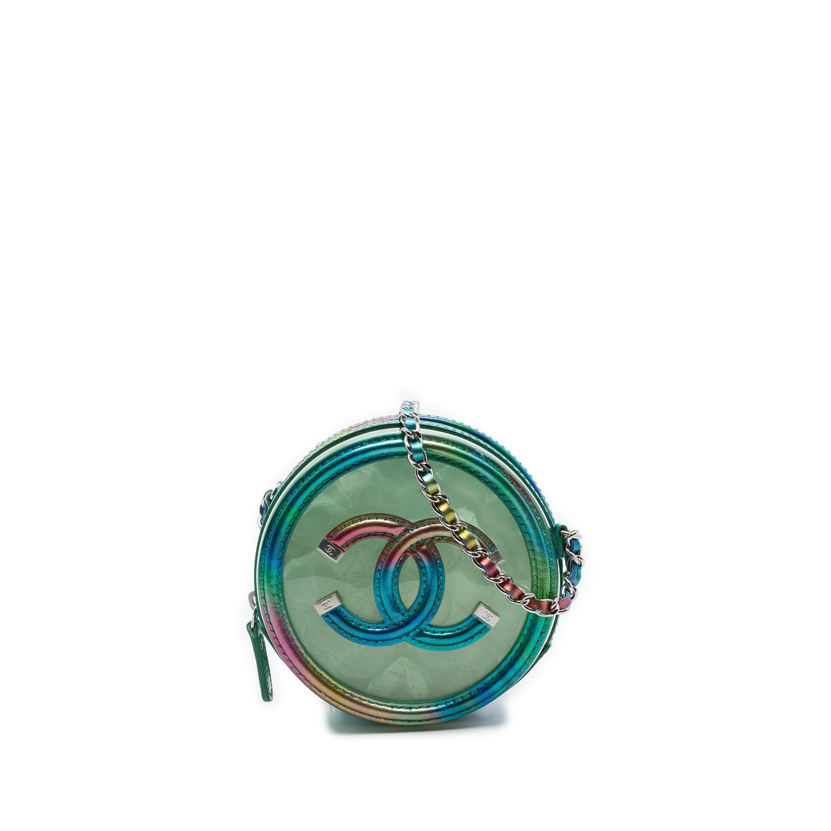Chanel PVC and Metallic Lambskin CC Filigree Round Clutch with Chain