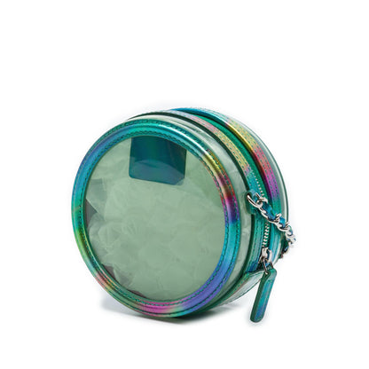 Chanel PVC and Metallic Lambskin CC Filigree Round Clutch with Chain