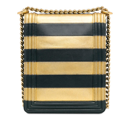 Chanel Paris New York Metallic Lambskin Striped North South Boy Flap