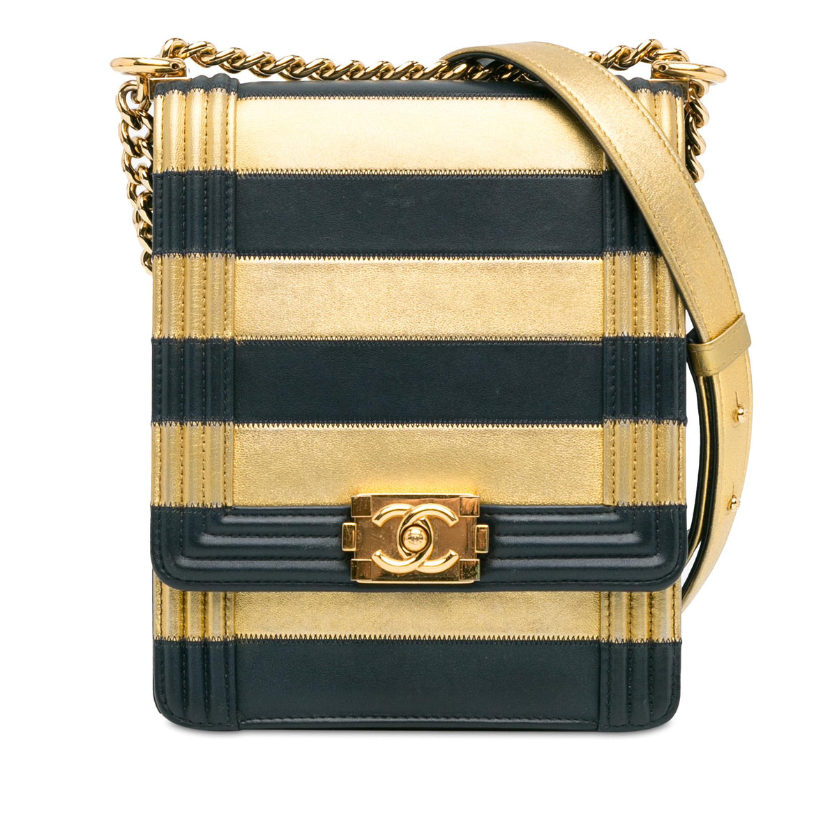 Chanel Paris New York Metallic Lambskin Striped North South Boy Flap