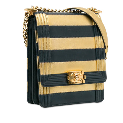 Chanel Paris New York Metallic Lambskin Striped North South Boy Flap