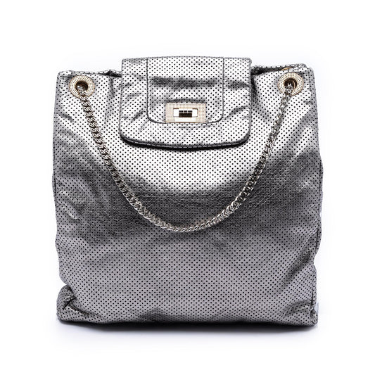 Chanel Perforated Crackled Metallic Calfskin Drill Tote