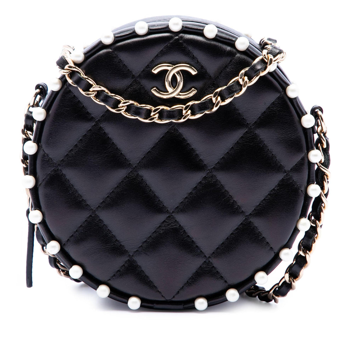 Chanel Quilted Calfskin Pearl Studded Round Clutch with Chain