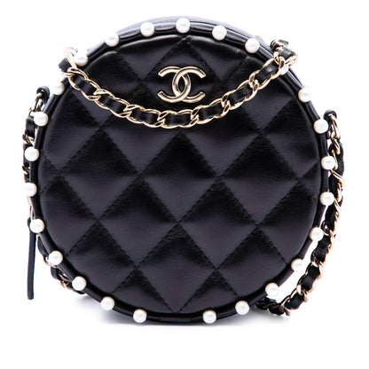 Chanel Quilted Calfskin Pearl Studded Round Clutch with Chain