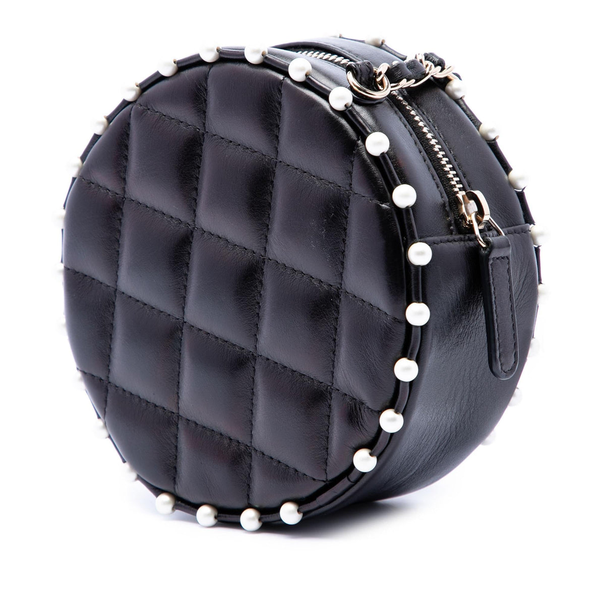 Chanel Quilted Calfskin Pearl Studded Round Clutch with Chain