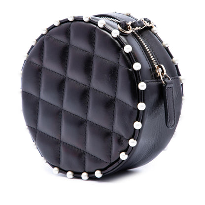 Chanel Quilted Calfskin Pearl Studded Round Clutch with Chain