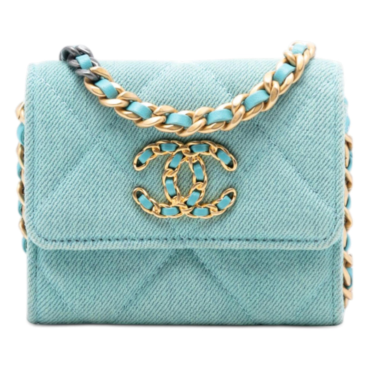 Chanel Quilted Denim 19 Card Holder with Chain