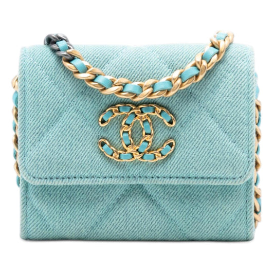 Chanel Quilted Denim 19 Card Holder with Chain