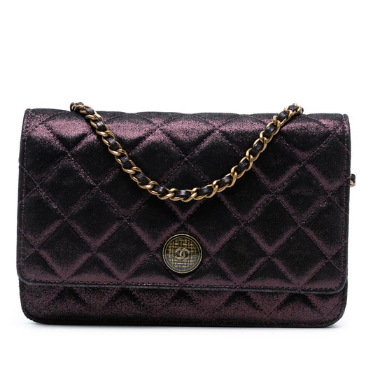 Chanel Quilted Iridescent Lambskin Tartan Button Wallet On Chain