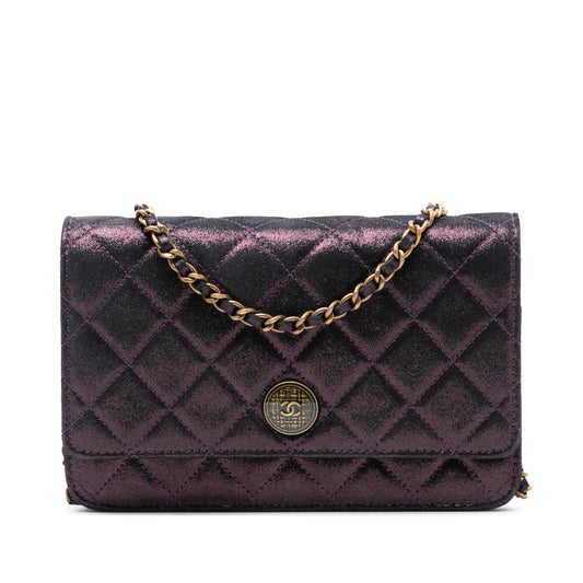 Chanel Quilted Iridescent Lambskin Tartan Button Wallet On Chain