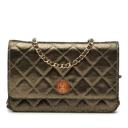 Chanel Quilted Iridescent Lambskin Tartan Button Wallet On Chain