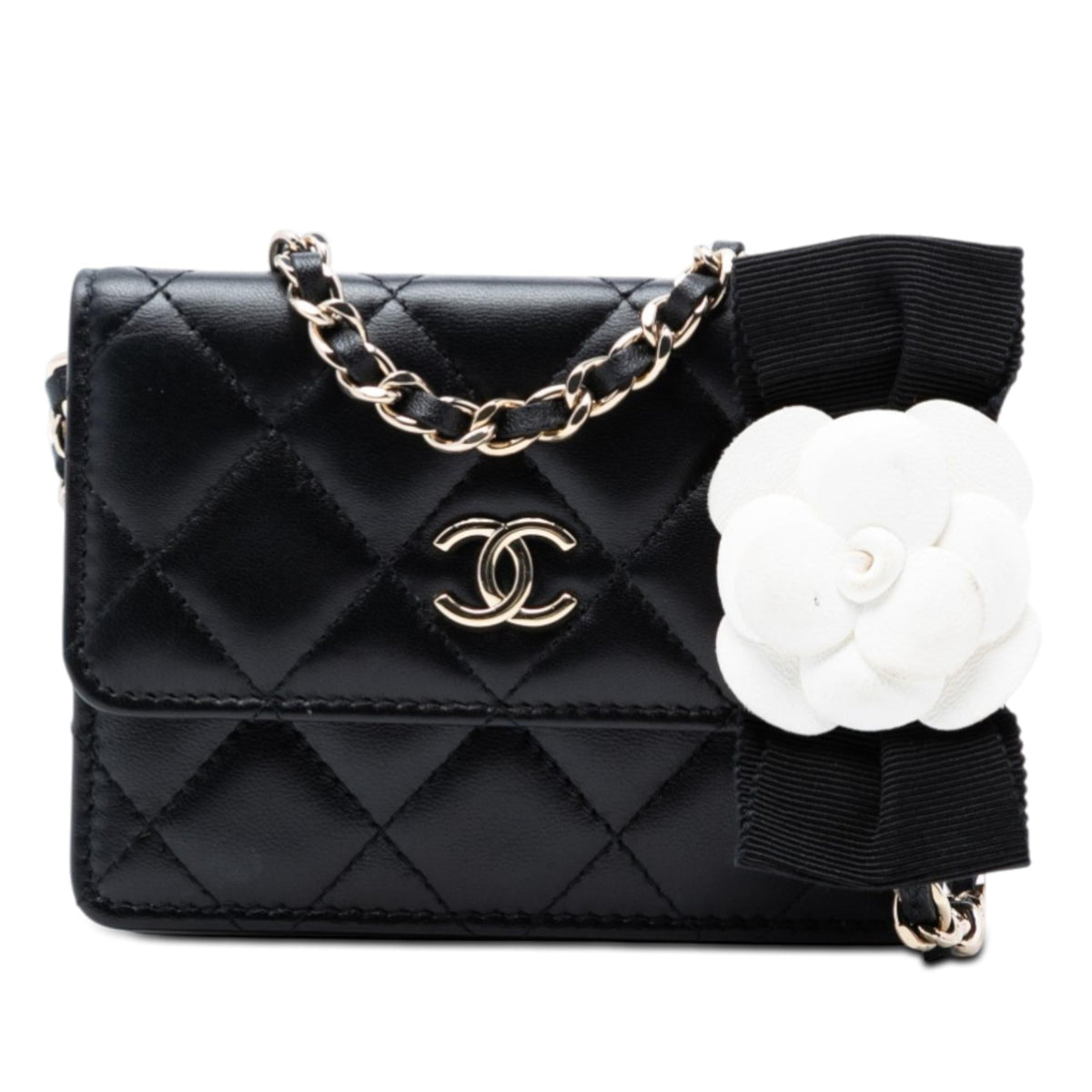 Chanel Quilted Lambskin Camellia Bow Card Holder On Chain