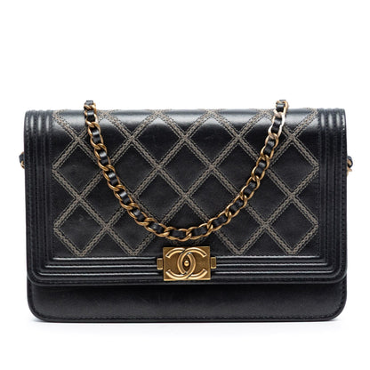 Chanel Quilted Lambskin Double Stitch Boy Wallet On Chain