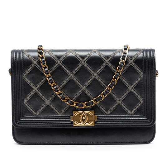 Chanel Quilted Lambskin Double Stitch Boy Wallet On Chain