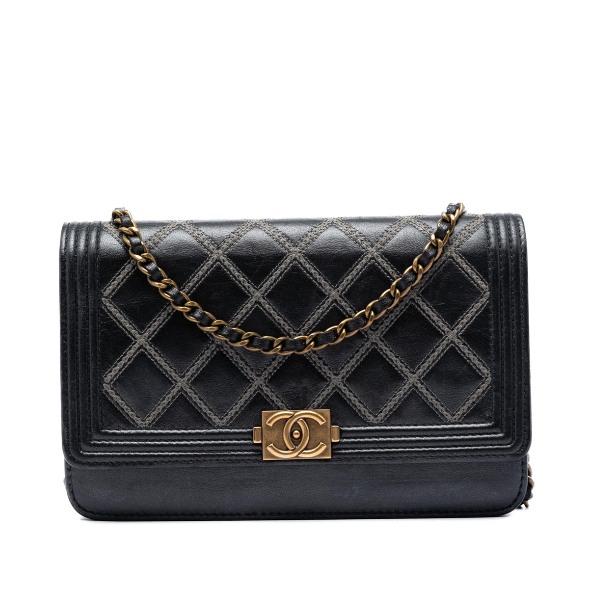 Chanel Quilted Lambskin Double Stitch Boy Wallet On Chain