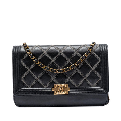 Chanel Quilted Lambskin Double Stitch Boy Wallet On Chain