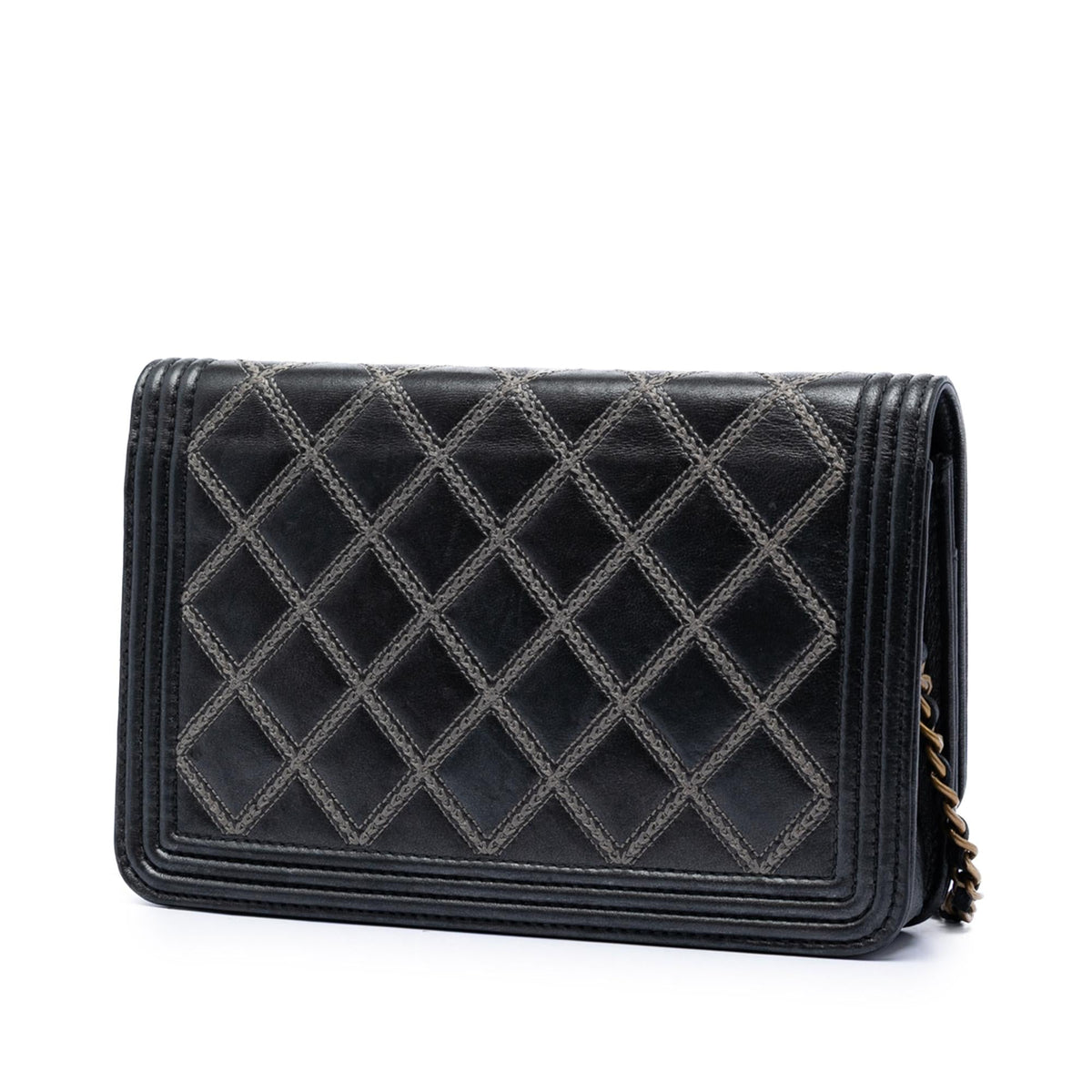 Chanel Quilted Lambskin Double Stitch Boy Wallet On Chain