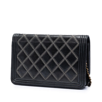 Chanel Quilted Lambskin Double Stitch Boy Wallet On Chain