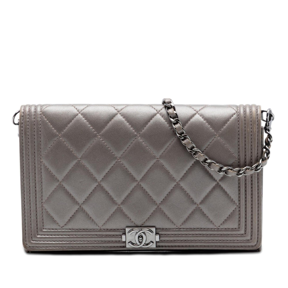 Chanel Quilted Metallic Lambskin Boy Clutch On Chain