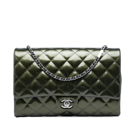 Chanel Quilted Striated Metallic Patent Clutch with Chain