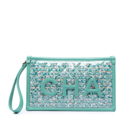 Chanel Quilted Tweed PVC Logo Wristlet Clutch