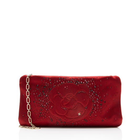 Chanel Satin Crystal Embellished Camellia Clutch on Chain