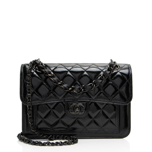 Chanel Shiny Crumpled Calfskin So Black Double You Flap Bag