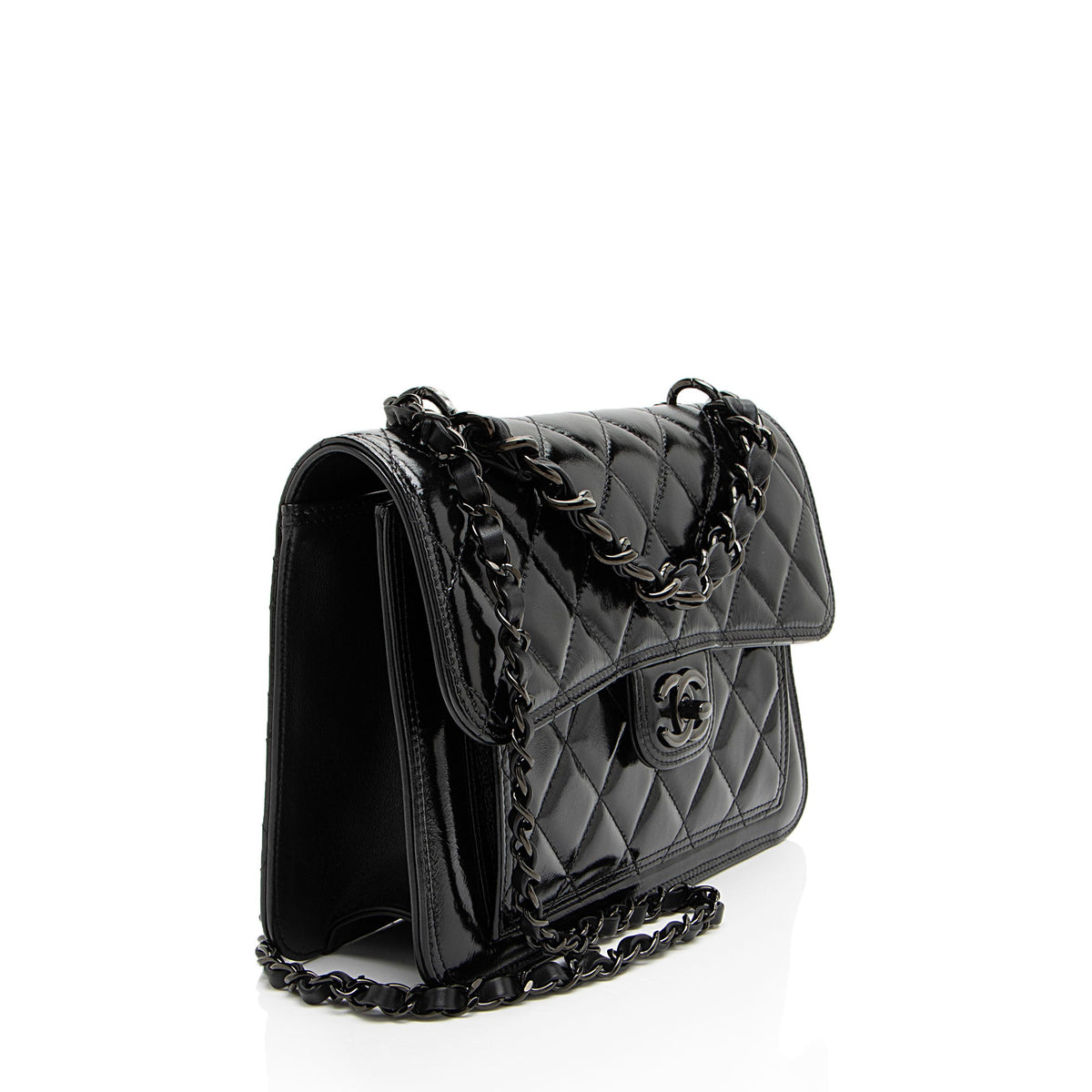 Chanel Shiny Crumpled Calfskin So Black Double You Flap Bag