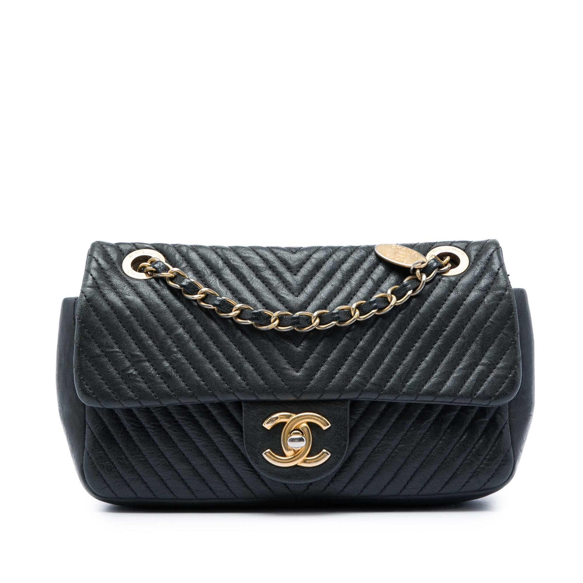 Chanel Small Chevron Wrinkled Calfskin Medallion Charm Surpique Flap