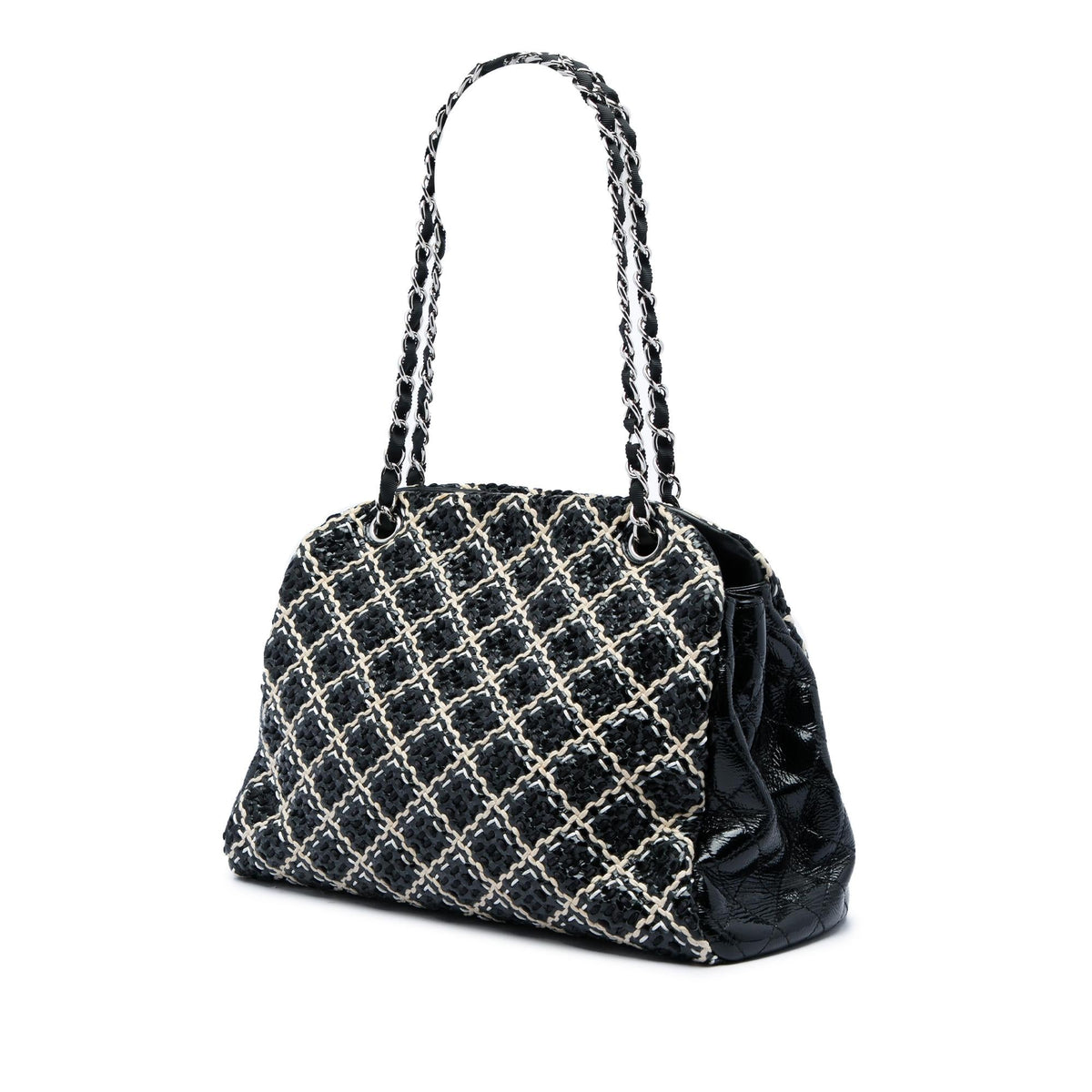 Chanel Tweed Woven Crinkled Patent Just Mademoiselle Bowler Bag